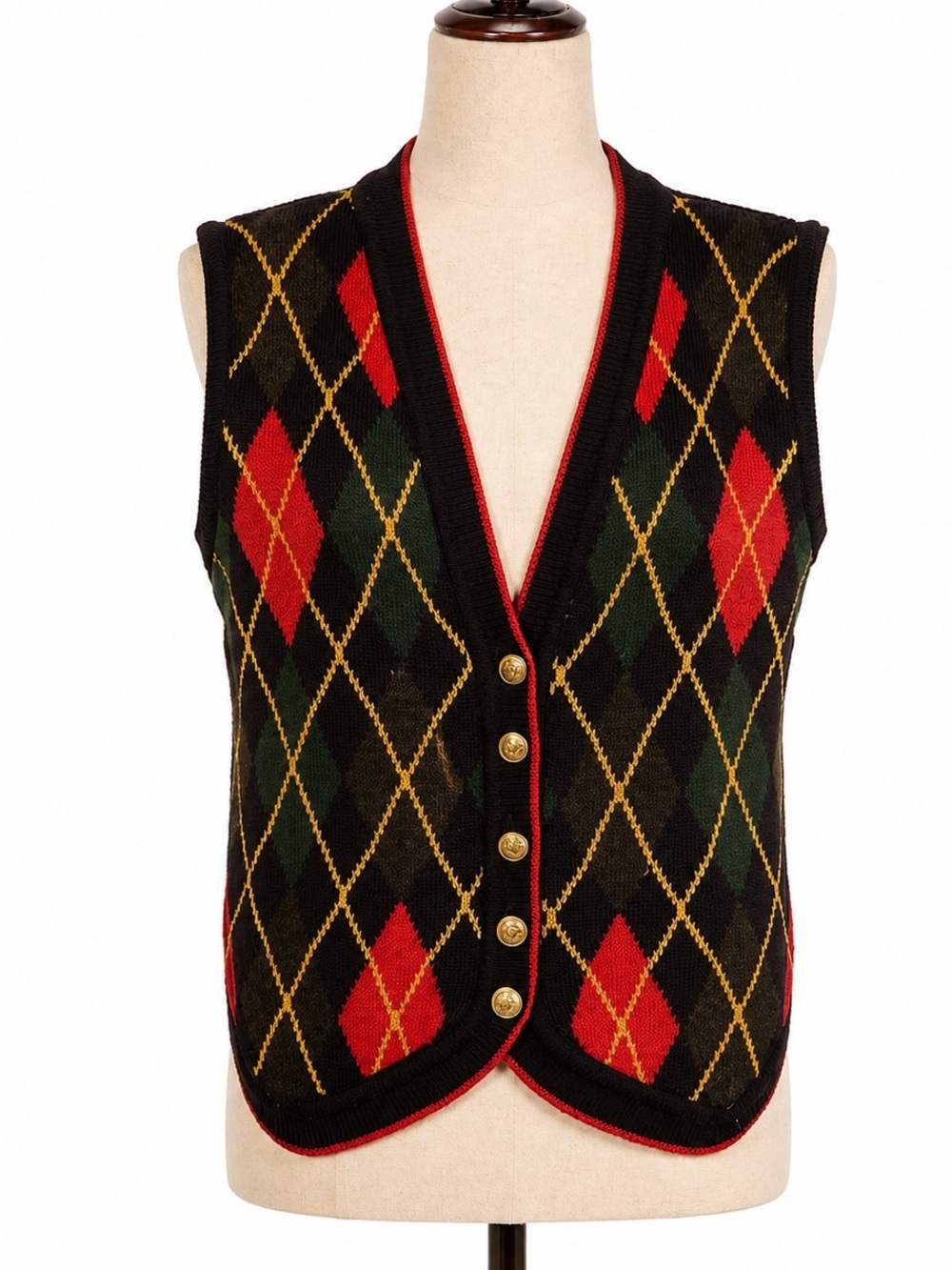 Vintage argyle sweater vest/ sleeveless cardigan.  Gold, red, green & black- XL